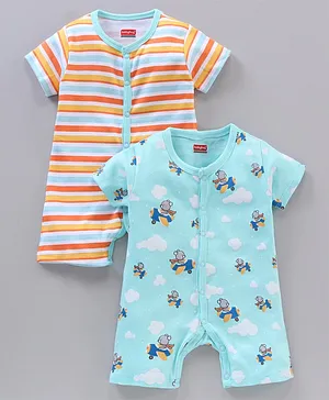 Babyhug 100% Cotton Half Sleeves Striped Rompers Pack Of 2 - Multicolor