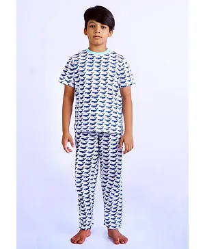 Frangipani Kids Half Sleeves Whale Whistle Print Night Suit - Navy Blue White