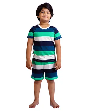 Frangipani Kids Half Sleeves Rugby Stripe Night Suit - Navy Blue Green Cream