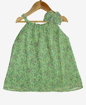 Kiddopanti Sleeveless All Over Floral Print With Bow Applique Halter Neck Strap Top - Light Green