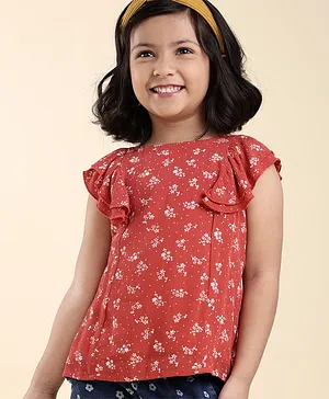 Babyhug Frill Sleeves Rayon Crinkle-Crepe Top With Floral Print And Ruffle Detailing- Deep Coral