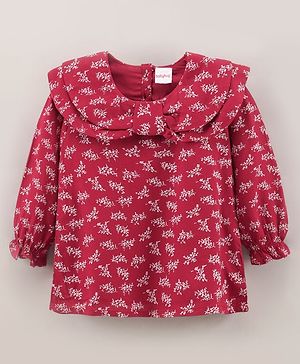 Babyhug Full Sleeves Printed Rayon Top With Frill Detailing- Red
