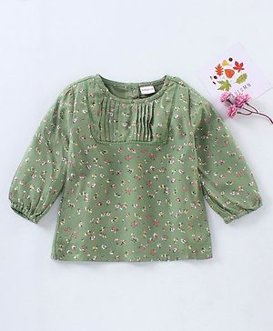 Babyhug Full Sleeves Floral Printed Rayon Top With  Pleated Yoke  And Ladder Lace Detailing- Olive Green