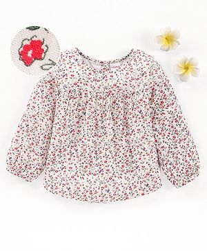Babyhug Full Sleeves Rayon Top With Floral Print And Frill Detailing- White