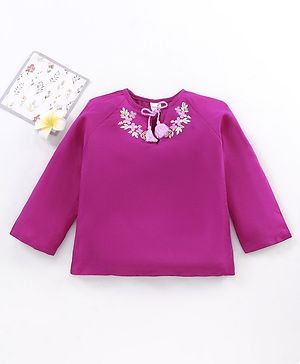 Babyhug Full Sleeves Solid Rayon Top With Draw-String And Embroidery Detailing- Purple