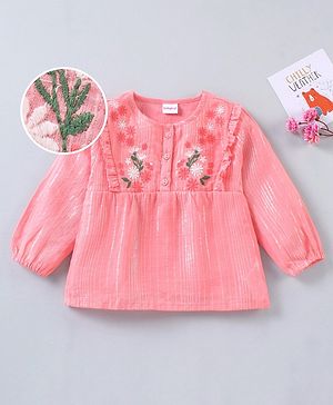 Babyhug Full Sleeves Cotton Lurex Woven Top with Floral Embroidery & Frill Detailing - Peach
