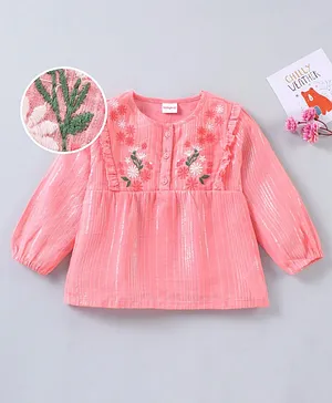 Babyhug Cotton Woven Full Sleeves Top Floral Embroidered - Peach