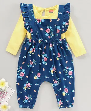 Babyhug Full Sleeves Cotton Tee With Dungaree Floral Print- Yellow Blue