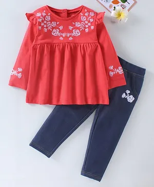 Babyhug Full Sleeves Floral Embroidery Top and Jeans - Bittersweet Navy