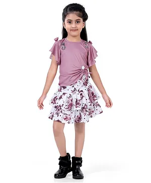 POPLINS Short Frill Sleeves Pure Cotton Solid Draw Cord Top With Bow Applique & Layered Floral Printed Skirt - Pink