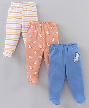 Babyhug Cotton Knit Striped & Zebra Printed Bootie Leggings Pack of 3 - Multicolour