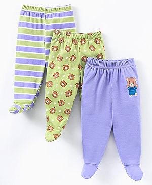 Babyhug Cotton Knit Footed Length Striped Bootie Leggings Teddy Bear Print Pack of 3 - Purple Green