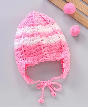 Babyhug Crochet Woolen Tie Knot Cap Striped Pink - Diameter 11 cm