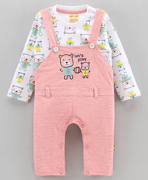 WOW Clothes Cotton Full Sleeves Tee With Dungaree Printed - Peach