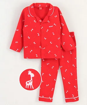 WOW Clothes Full Sleeves Cotton Night Suit Reindeer Print - Red