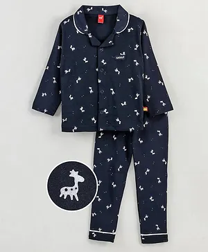 WOW Clothes Full Sleeves Cotton Night Suit Reindeer Print - Navy