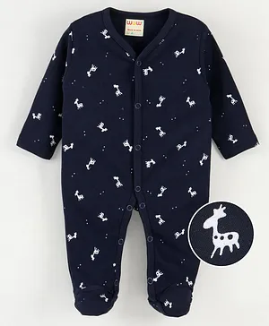 WOW Clothes Full Sleeves Sleepsuit Animal Print - Navy Blue