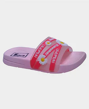Buckled Up Abstract Text & Daisy Appliqued Flip Flops - Pink