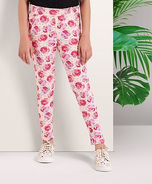 Arias Cotton Modal Stretch Rib Knit Printed Legging With Side Pocket and Paper Bag Waist-Pink