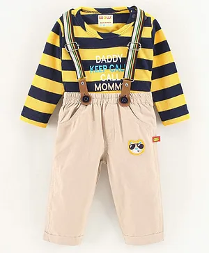 Wow Clothes Full Sleeves Striped T-Shirt and Trousers with Suspenders Set - Yellow