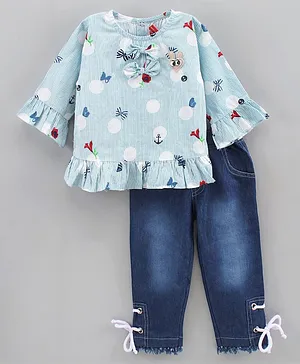 WOW Full Sleeves Butterfly Printed Top with Bow Applique and Jeans Set - Light Blue