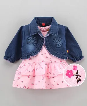 Wow Clothes Sleeveless Frock With Denim Jacket Floral Print - Pink
