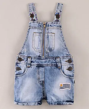 CHICKLETS Sleeveless Patch Detailed Dungaree With Side Pockets - Blue & Yellow