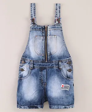 CHICKLETS Sleeveless Patch Detailed Dungaree With Side Pockets - Blue & Red