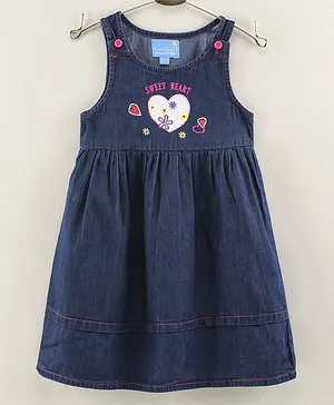 CHICKLETS Sleeveless Sweet Heart Embroidered Gather Detail Denim Dress - Blue