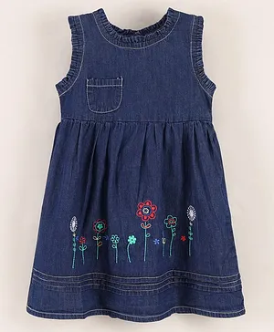 CHICKLETS Sleeveless Floral Placement Embroidered Fit & Fare Dress - Dark Blue