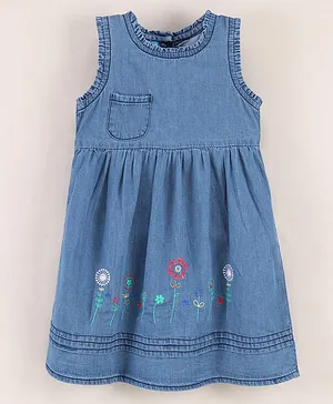 CHICKLETS Sleeveless Floral Placement Embroidered Fit & Fare Dress - Light Blue