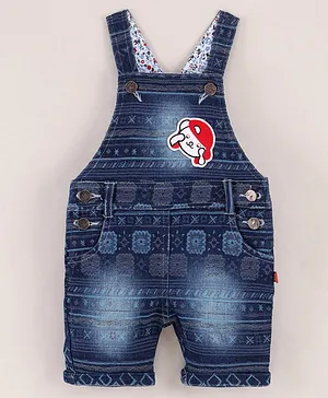 CHICKLETS Sleeveless Aztec Design Animal Patch Detail Denim Dungaree - Blue & Red
