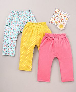 Babyhug Cotton Knit Full Length  Diaper Leggings Solid and Floral Printed Pack of 3 - Pink Yellow White