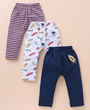 Babyhug Cotton Full Length Striped Diaper Pants Space Print Pack of 3 - Multicolor