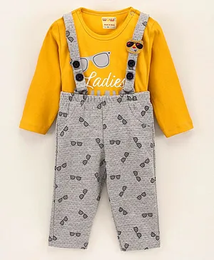 WOW Clothes Full Sleeves T-Shirt & Trouser With Attached Suspenders Sunglasses Print - Yellow