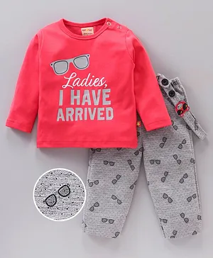 WOW Clothes Full Sleeves T-Shirt & Trouser With Attached Suspenders Sunglasses Print - Cherry Pink