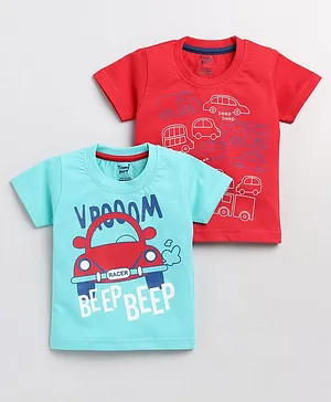 TOONYPORT Pack Of 2 Car Printed T Shirts - Sea Green Red