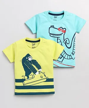 TOONYPORT Pack Of 2 Surfing Dino And Gorilla Printed T Shirts - Green Blue