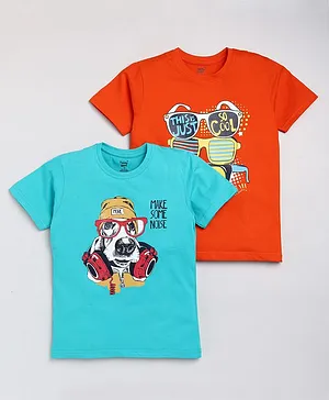 TOONYPORT Pack Of 2 Dog And Sunglasses Printed T Shirts - Orange Blue