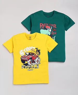 TOONYPORT Pack Of 2 Dino And Car Printed T Shirts - Yellow Green