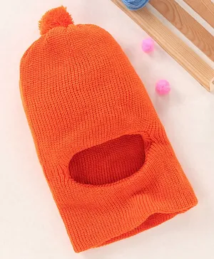 Babyhug Woollen Monkey Cap With Pom Pom Solid Orange- 10.5 cm
