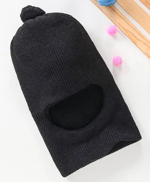 Babyhug Woollen Monkey Cap With Pom Pom Solid Black- 11.5 cm
