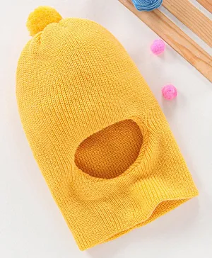 Babyhug Woollen Monkey Cap With Pom Pom Solid Yellow- 10 cm