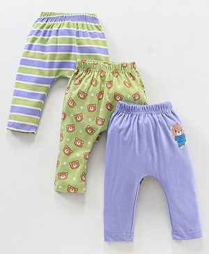 Babyhug Full Length Cotton Diaper Leggings Striped and Bear Print Pack of 3 - Multicolour