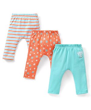 Babyhug Cotton Full Length Striped & Stars Printed Diaper Pants Pack of 3 - Red Blue & Grey