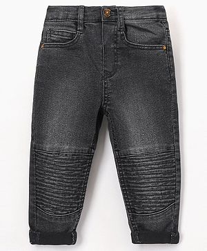 Babyhug Cotton Full Length Stretchable Washed  Denim Jeans With Mock Fly  - Black