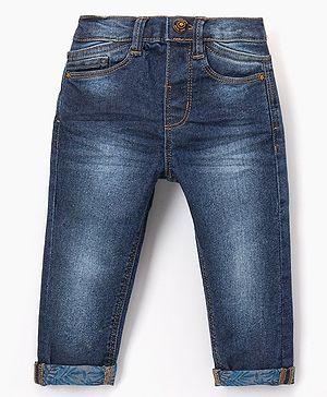 Babyhug Cotton Full Length Stretchable Washed  Denim Jeans With Mock Fly  - Blue
