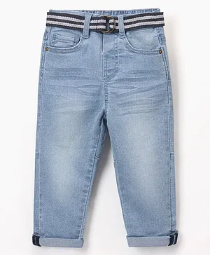 Babyhug Cotton Stretchable Full Length Washed Jeans With Belt- Light Blue.