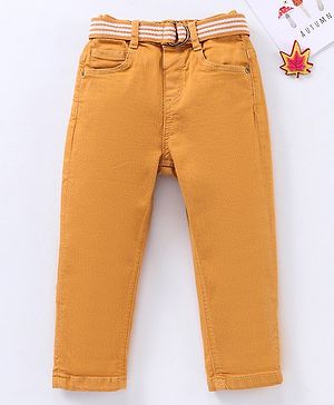 Babyhug Stretchable Full Length Washed Solid Colour Jeans With Belt  With Mock Fly  - Mustard Yellow