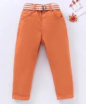 Babyhug Stretchable Full Length Washed Solid Colour Jeans With Belt  With Mock Fly  - Orange